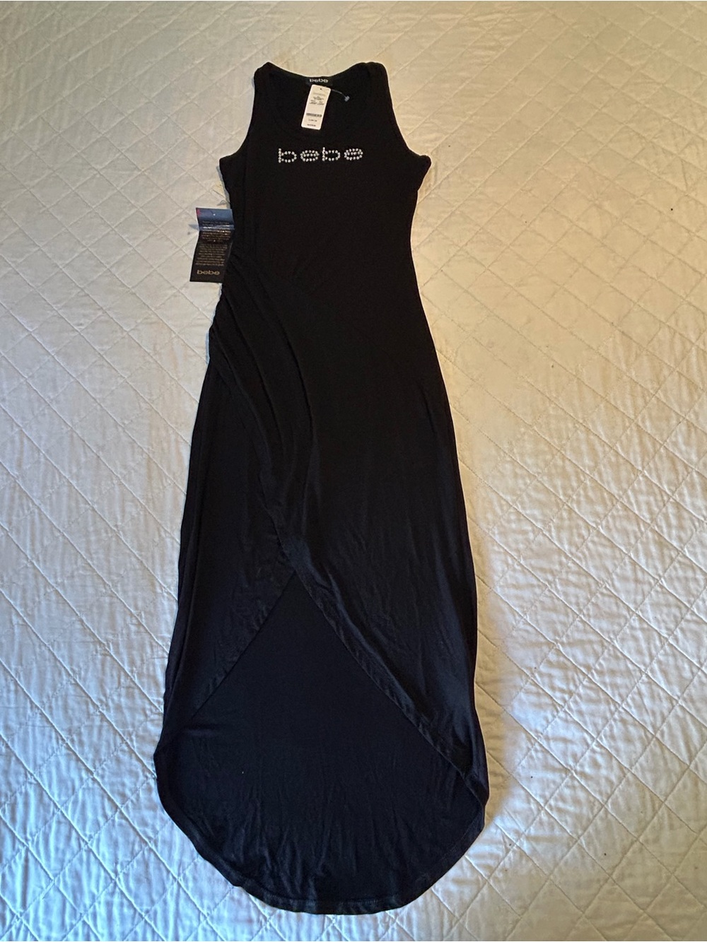 bebe Black High-Low Maxi Dress with Rhinestone Logo